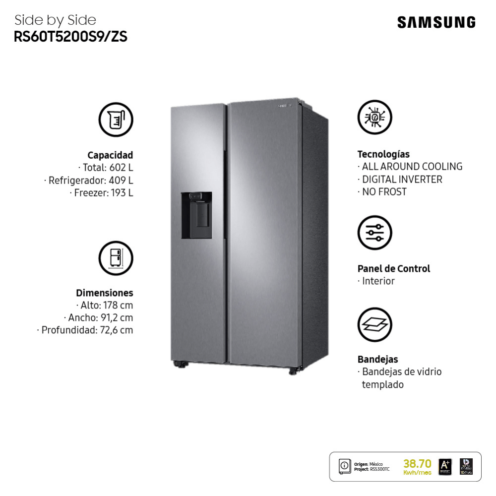 Samsung Refrigerador Side by Side de 602L con Space Max Gris Openbox - Reuse Chile
