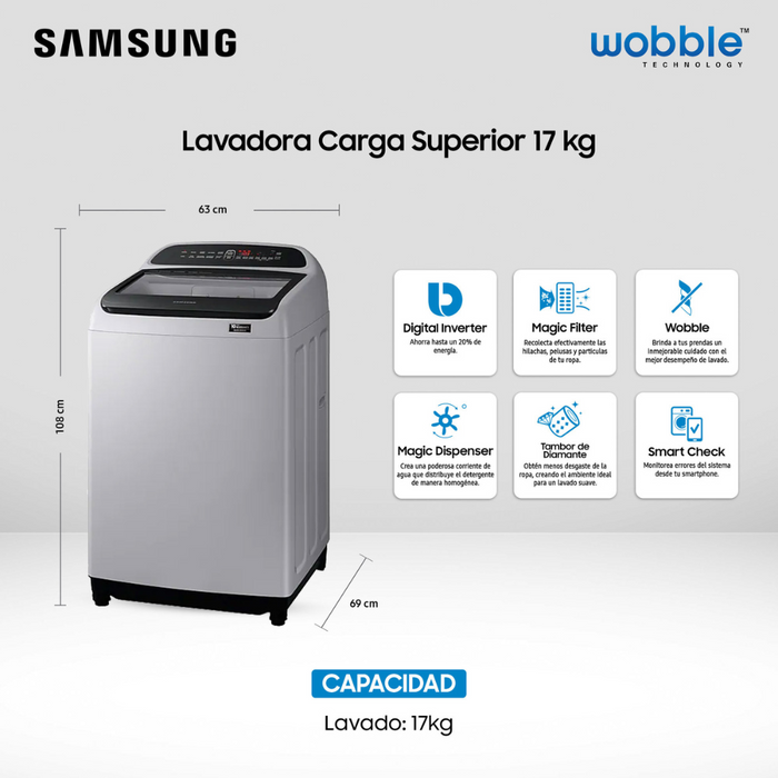 Reuse Chile Samsung Lavadora de carga superior 17Kg con Dosificador Magic Dispenser Gris Openbox
